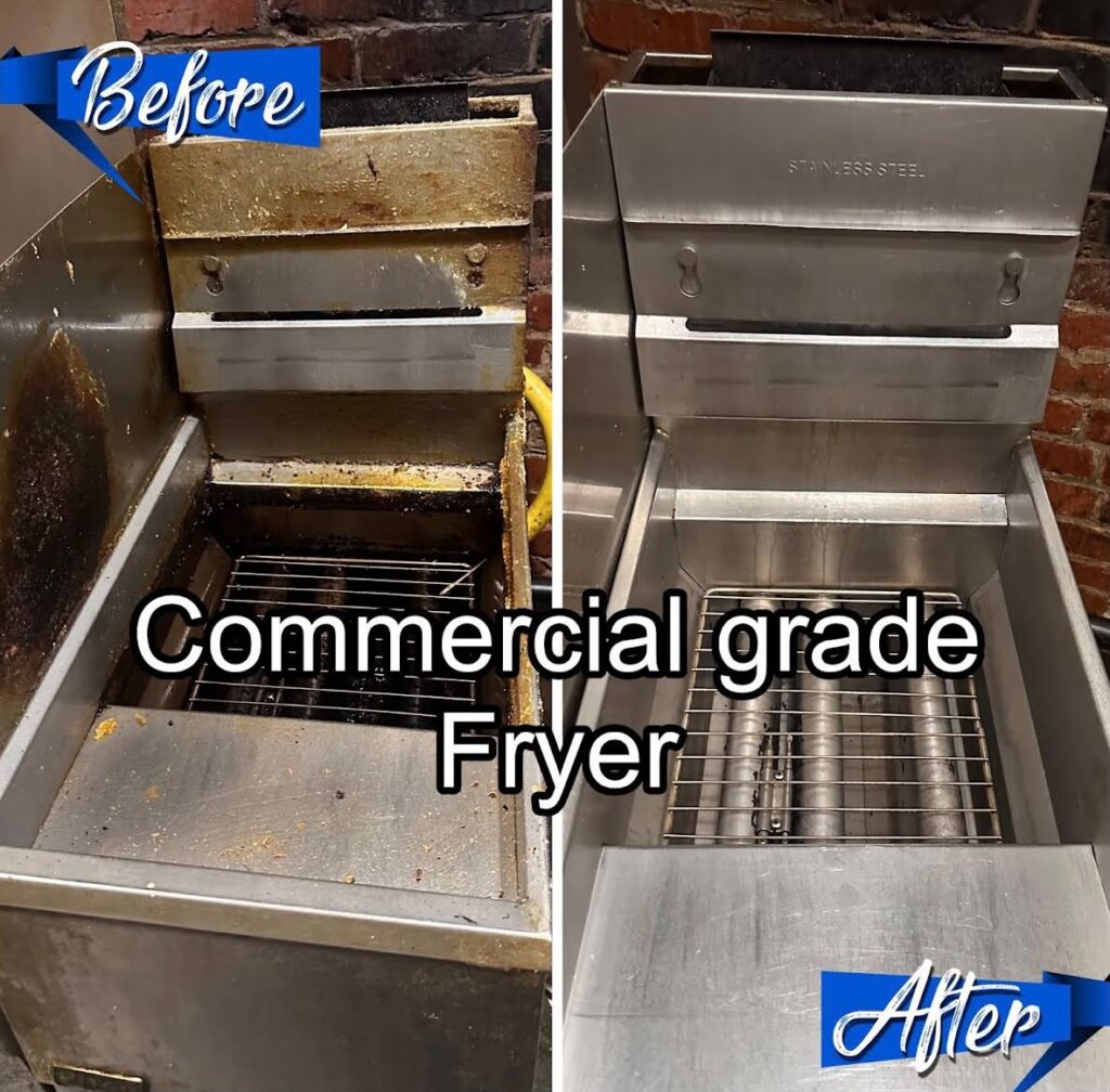 Before and after photo of a degreased commercial fryer in a Saint John, NB restaurant kitchen